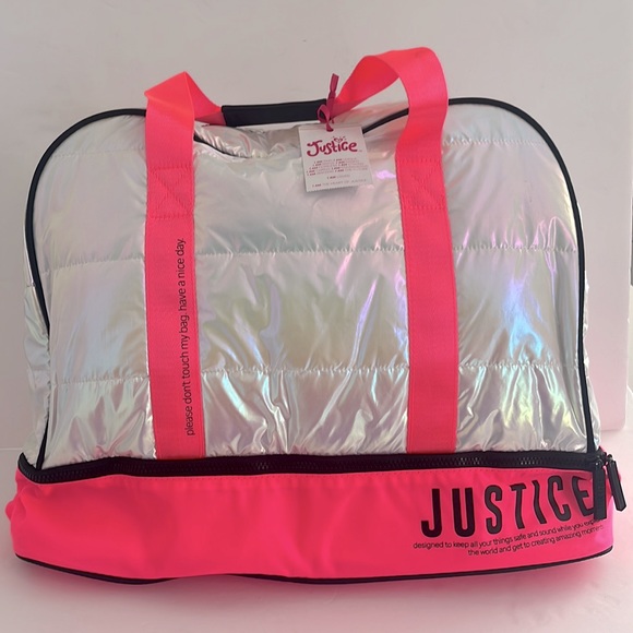 Justice Girls Weekender Duffel Handbag Pink and White Shiny Nylon - Picture 6 of 6